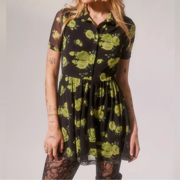 Urban Outfitters mesh sheer floral 90s dottie collared mini shirt dress size S - Picture 2 of 13